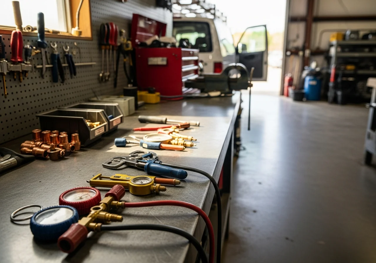 HVAC technician tools and equipment on a workbench, ready for service calls.