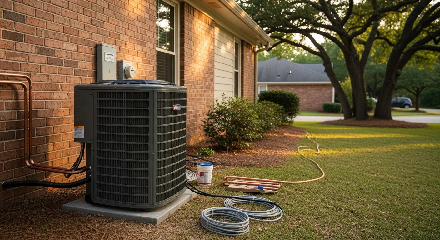 Air conditioning unit installed on exterior of residential home