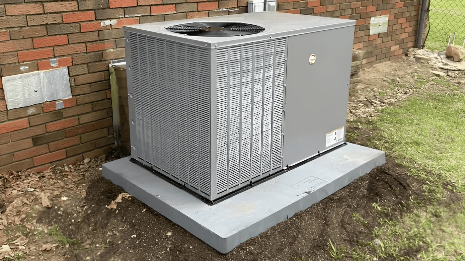 Gray packaged AC unit on concrete pad with dual fans and louvered condenser coils