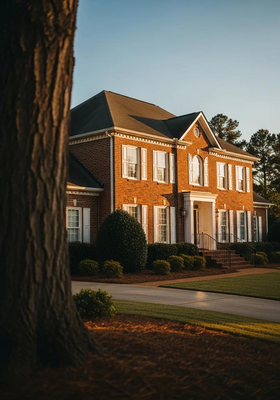 Portrait-style view of an Anniston home exterior with detailed architectural features and well-kept grounds.