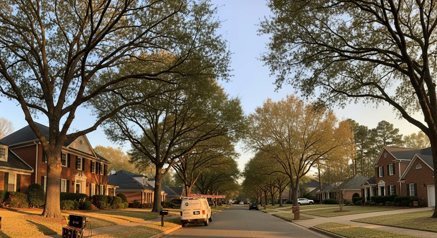 Wide view of Oxford, Alabama residential street with mature trees and brick homes typical of the community.