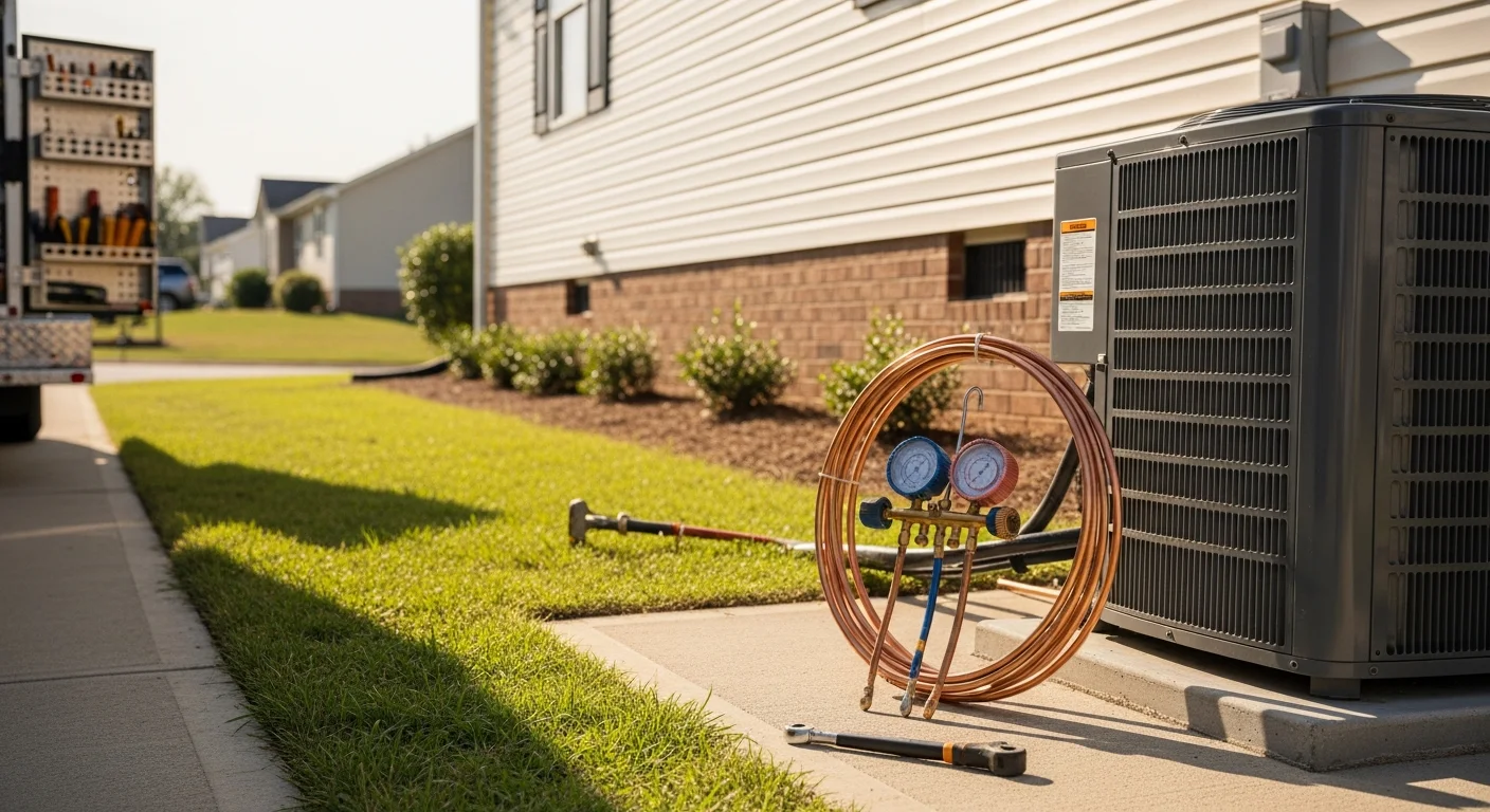 A Harrison Heating And Air Conditioning technician completing an AC installation at a single-family home in Oxford, AL. The outdoor condenser unit is positioned on a concrete pad beside the house on a clear Alabama summer day.