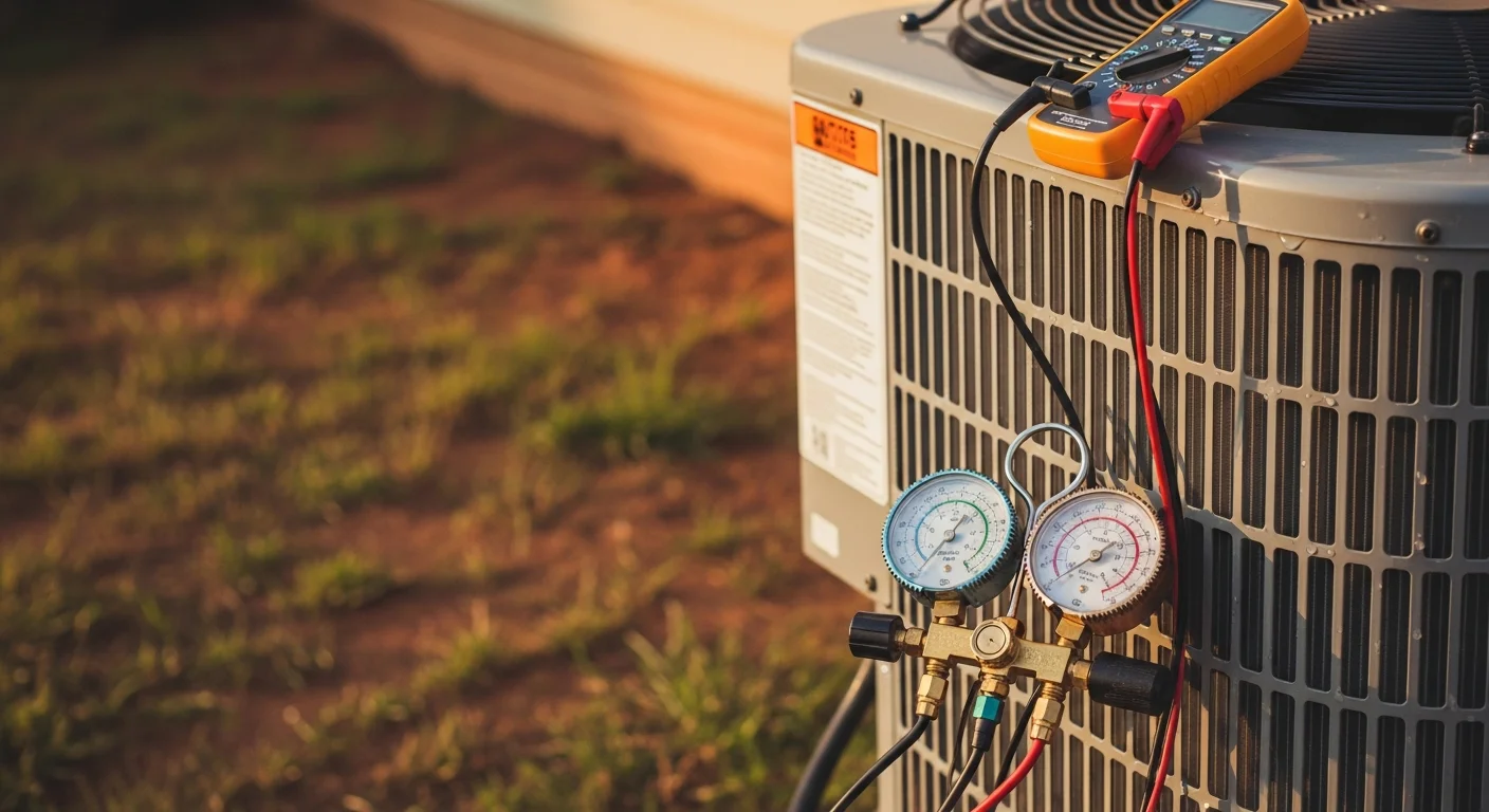 A Harrison Heating And Air Conditioning technician inspecting the outdoor condenser unit of a residential air conditioning system in Oxford, AL. The technician checks electrical connections and coil condition during a routine AC maintenance visit.
