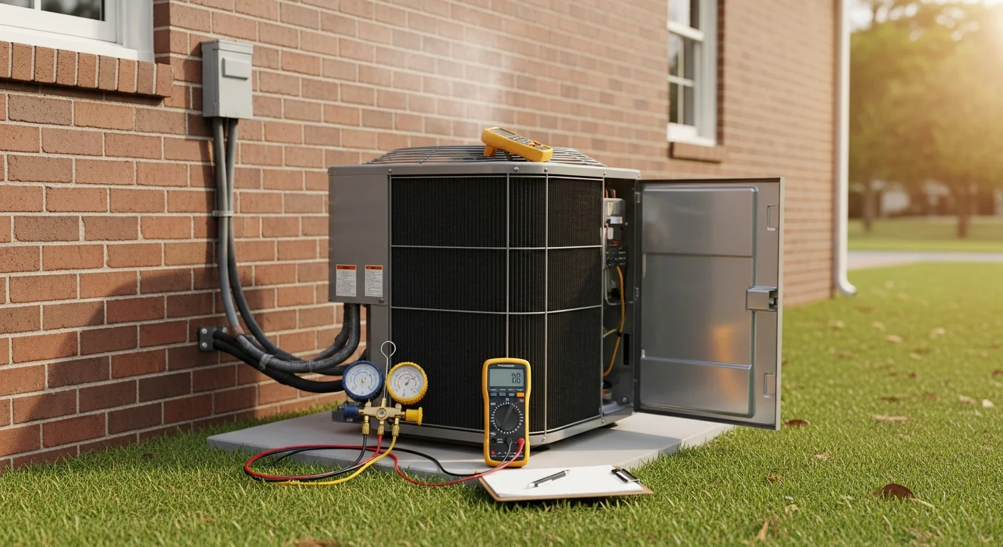 A Harrison Heating And Air Conditioning technician inspecting an outdoor AC condenser unit at a ranch-style home in Oxford, AL. The technician checks internal components on a clear summer day with the residential neighborhood visible in the background.
