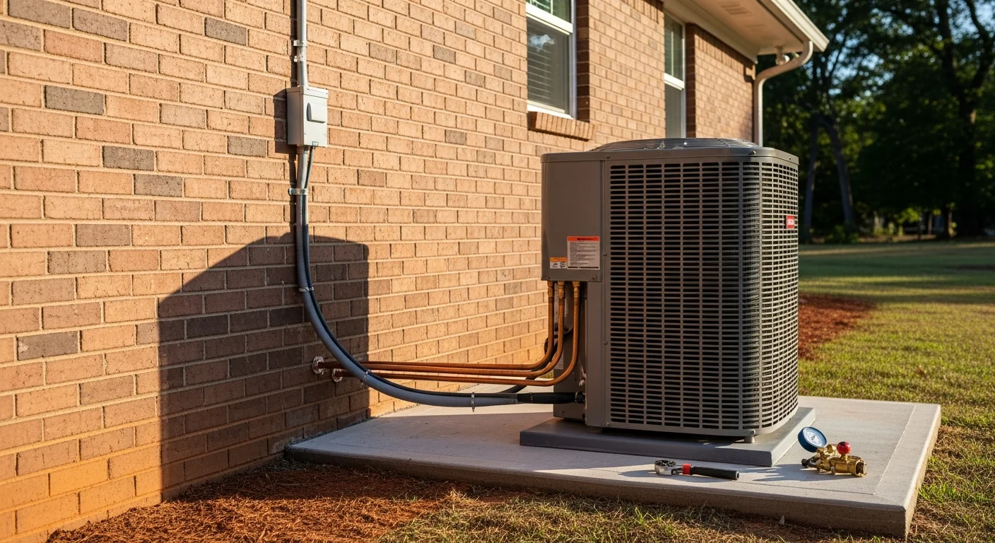 A Harrison Heating And Air Conditioning technician installing a new residential AC unit on the side of a single-family home in Oxford, Alabama. The old condenser has been removed and the new system is being connected to existing ductwork on a clear summer day.