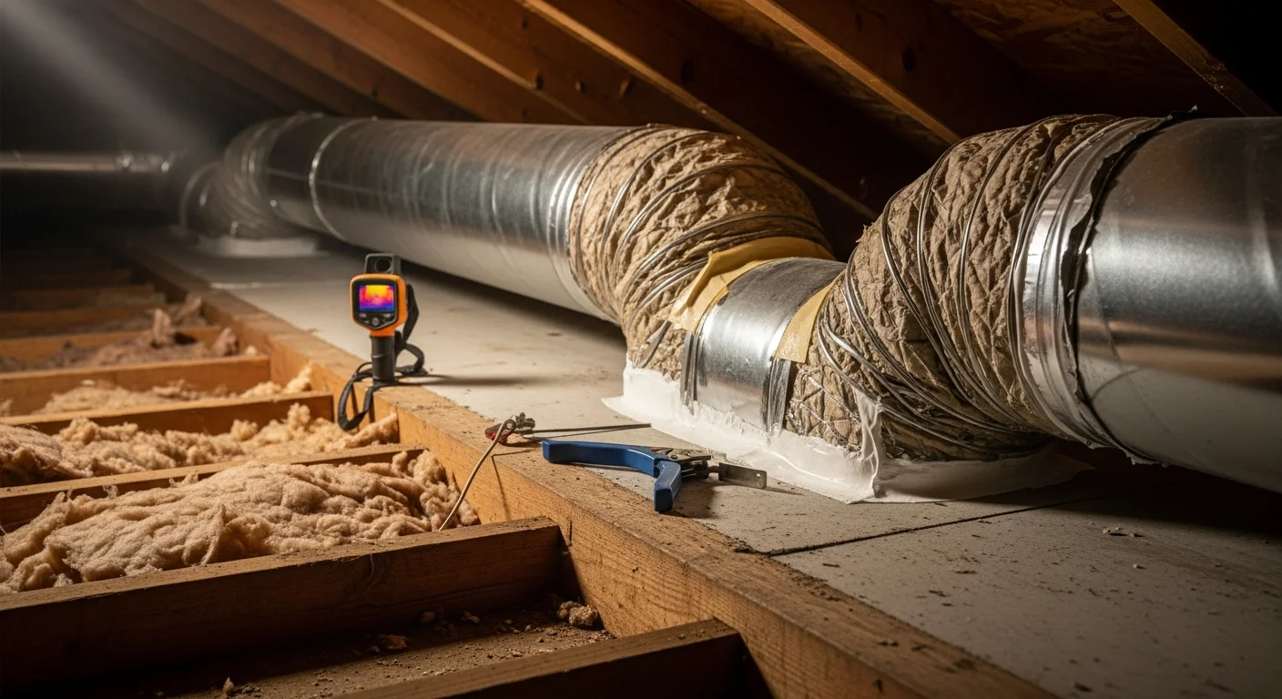 An HVAC technician inspecting and sealing a damaged duct connection in the attic of a residential home in Oxford, AL. Repaired ductwork with sealed joints is visible against the attic framing.