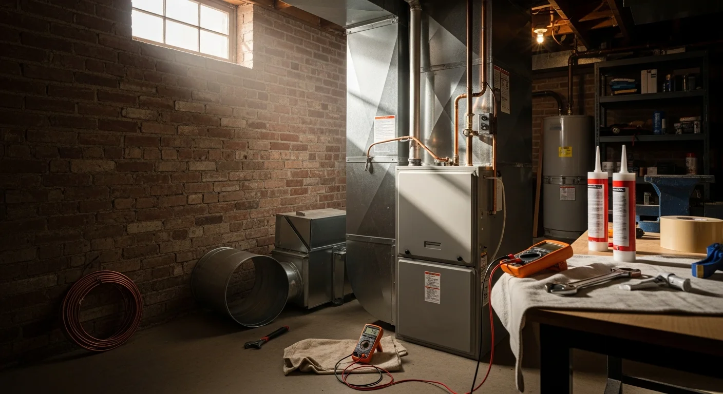 A newly installed furnace in the utility room of an Oxford, Alabama home, with clean connections and updated components replacing an older unit. A Harrison Heating And Air Conditioning technician inspects the system after installation.