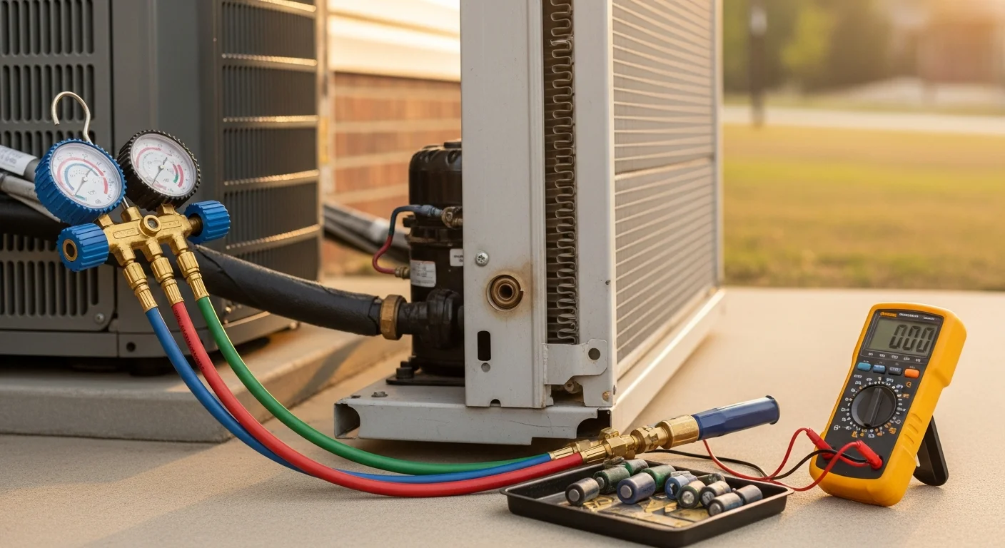 A Harrison Heating And Air Conditioning technician inspecting the outdoor unit of a residential heat pump at a home in Oxford, AL. The technician is checking electrical connections on a split-system heat pump installed on the side of a single-family house.