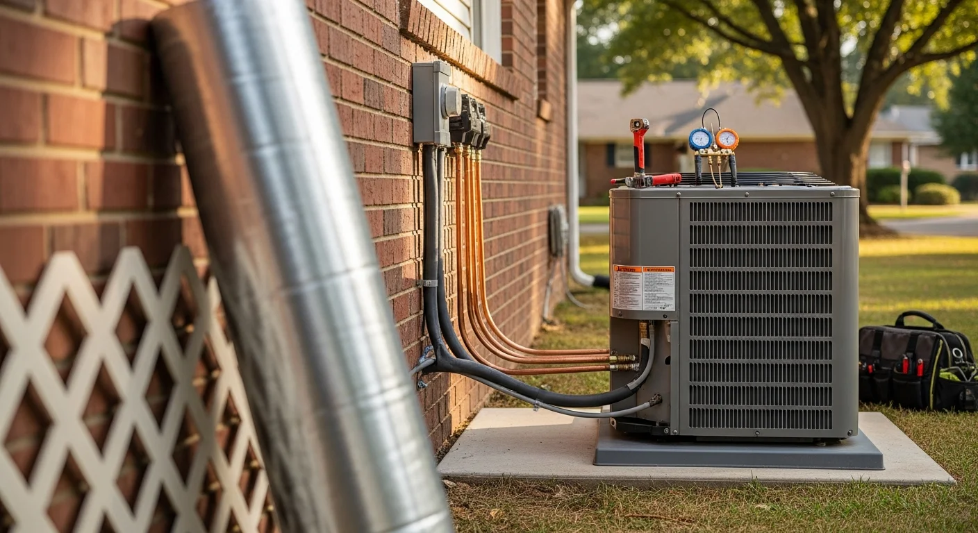 A newly installed heat pump outdoor condenser unit positioned beside a single-family home in Oxford, AL, with clean refrigerant line connections and a freshly leveled concrete pad. A Harrison Heating And Air Conditioning technician inspects the unit connections following a completed heat pump replacement.